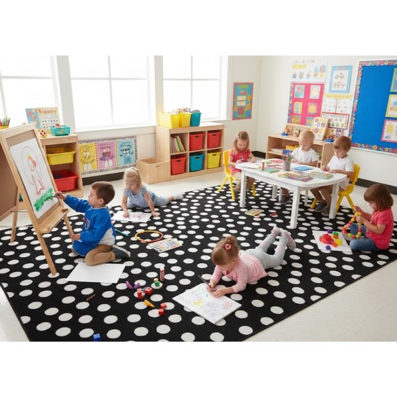 Picasso White Dots on Black Classroom Rug