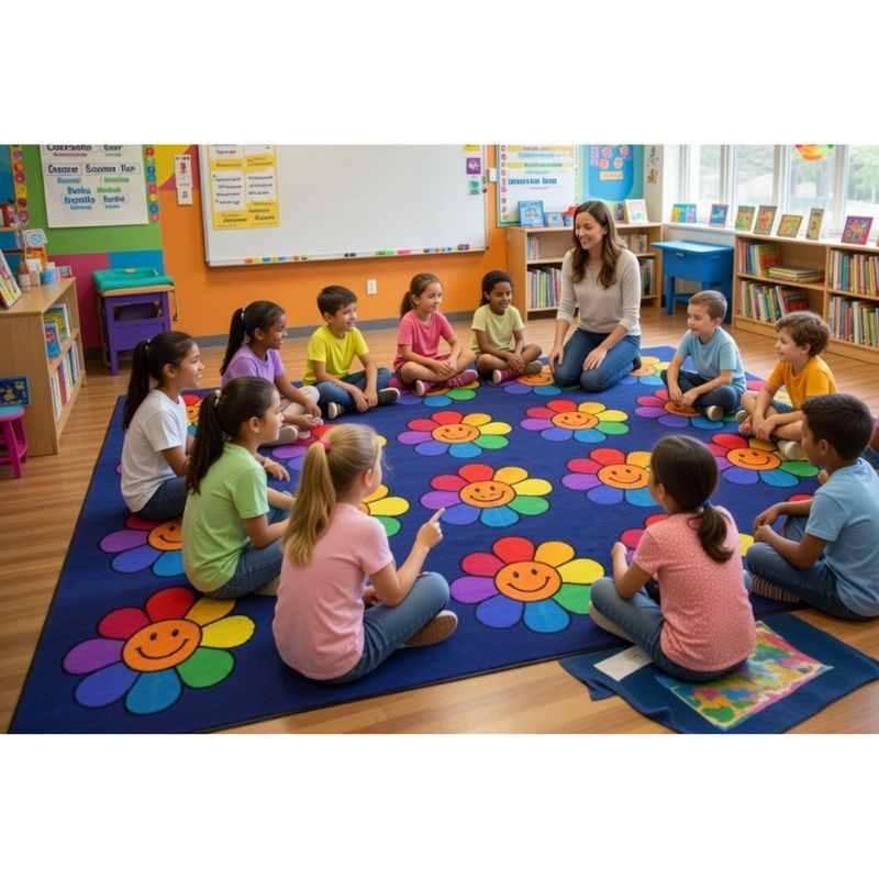 Rainbow Flowers Happy Face Classroom Rug