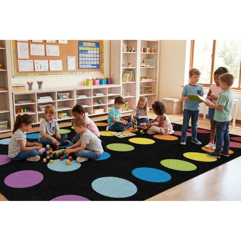 Children playing on a colorful rug in a classroom setting.