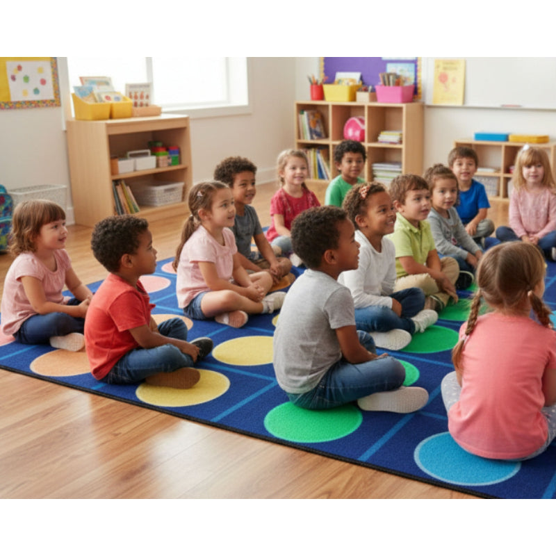 Children sitting in a circle on a colorful carpet in a classroom.