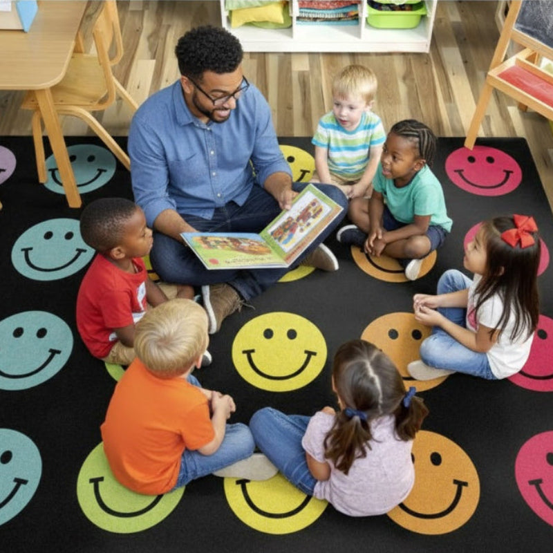 Teacher reading to children on a rug with smiley face patterns in a classroom setting.