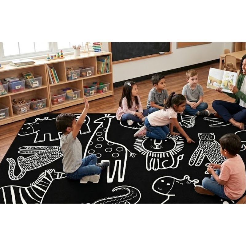 Safari Animals Black and White Rug