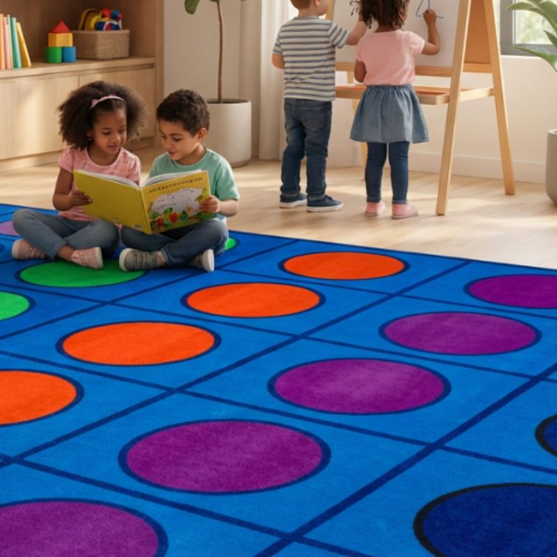 Children reading a book on a colorful floor mat in a classroom setting.