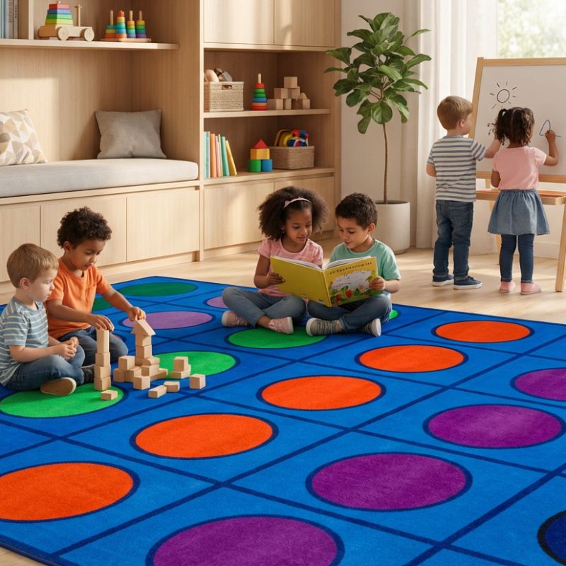 Children playing on a colorful rug in a playroom with educational materials from SensoryEdge.