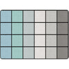 Rectangular rug with a grid pattern of blue, green, gray, and white squares on a white background.