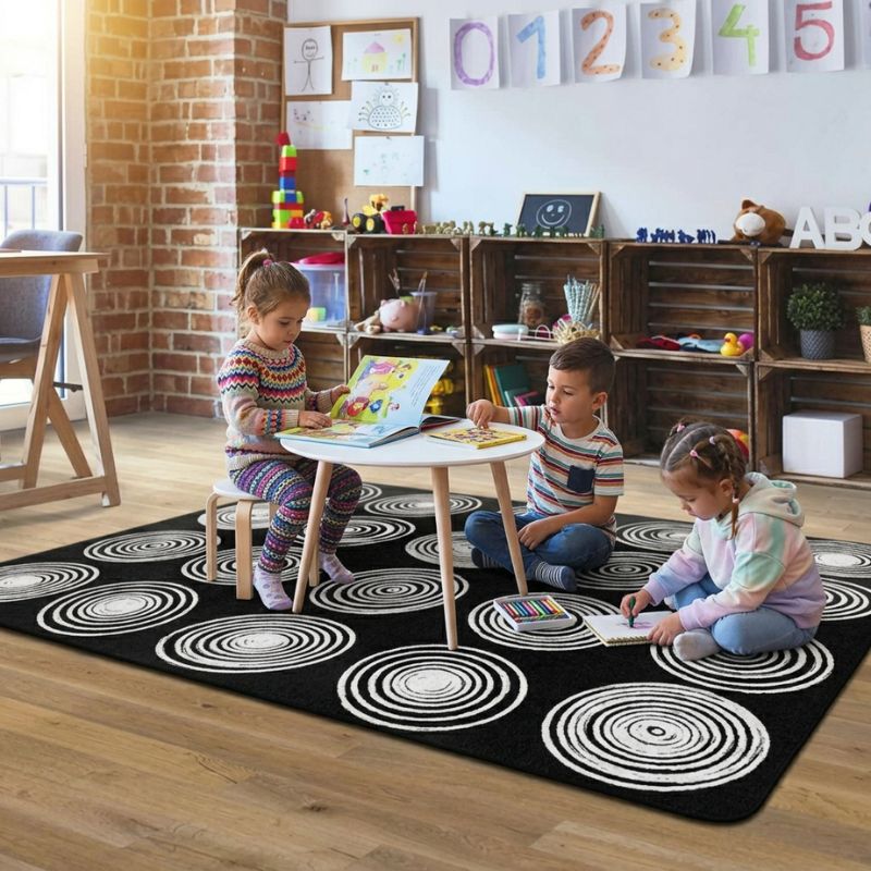 White Circles on Black Classroom Seating Rug