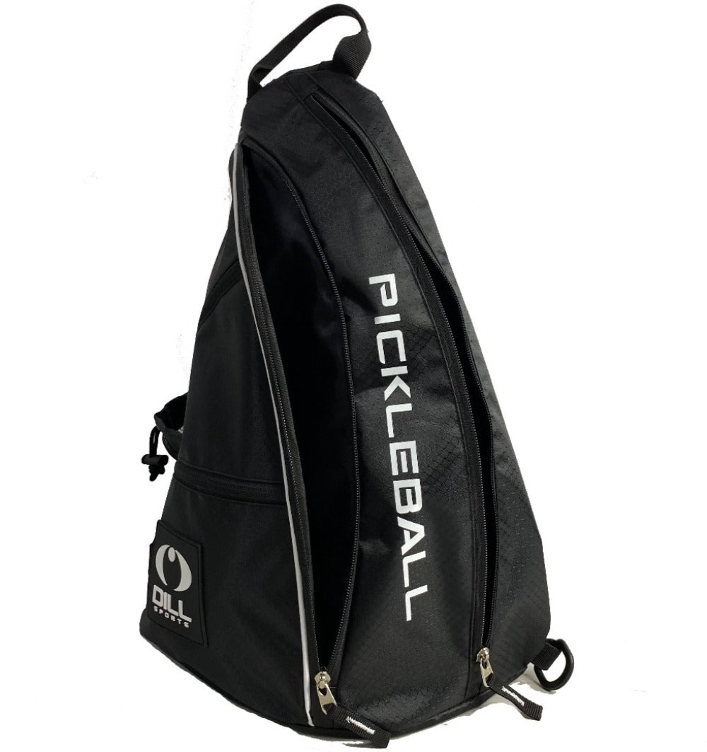 Walk on the court in style with the Dill Sports Pickleball Crossbody Sling Bag. Features easy slide zippers, two side pockets for paddles, balls and accessories, one water bottle holder, two front pockets for your phone, keys, energy bars, other accessories and one back pocket.