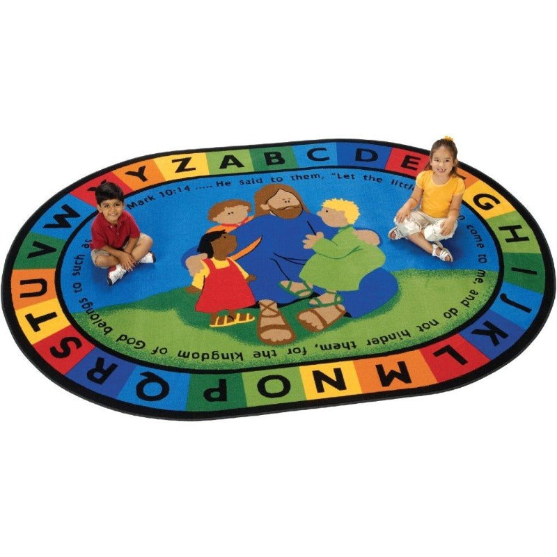 Share this loving message with Jesus Loves the Little Children Oval Rug. A welcome addition to Sunday Schools, circle-time, quiet time and playtime. It features Mark 10:14 bible verse all along the perimeter of the rug. 