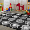 White Circles on Black Classroom Seating Rug